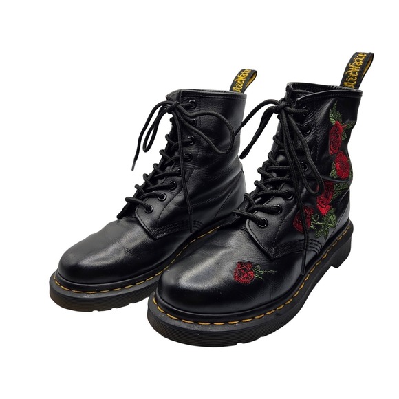 Dr Martens 1460 W Black Leather Rose Floral Embroidered Ankle Boots US 7 - Picture 2 of 10